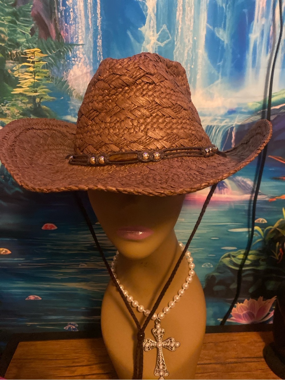 Women’s Brown Straw Western Cowboy Hat with Bead Trim